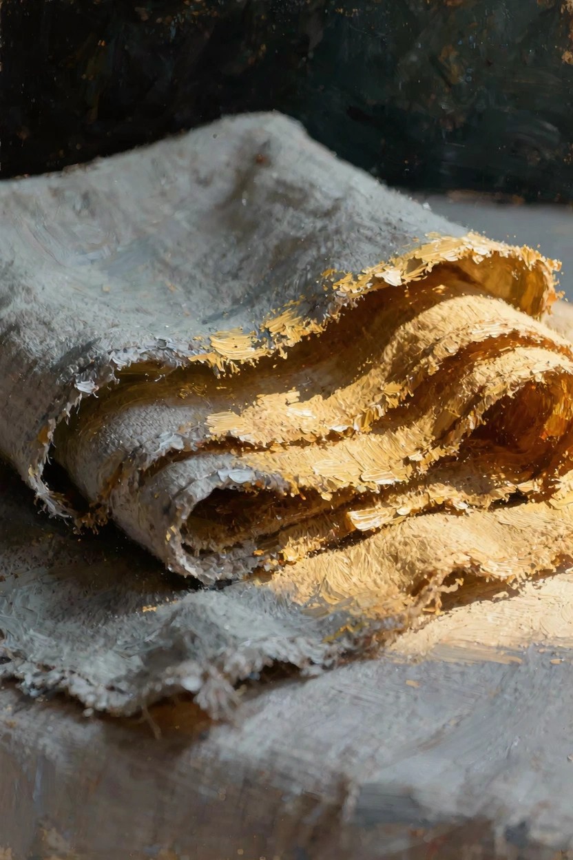 Folded gray linen cloth with flaky golden paint accents and textured edges on a dark surface.