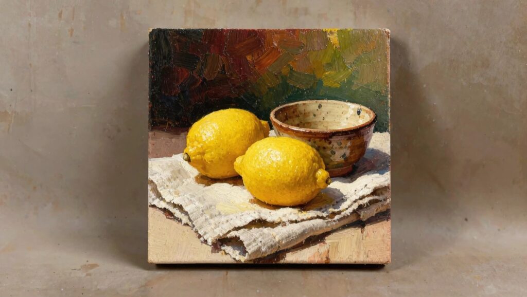 22 Compact Small Scale Oil Painting Ideas Perfect For Limited Studio Space Oil painting of two yellow lemons on white cloth beside a green speckled ceramic bowl with white contents, on a table against a dark earthy background.