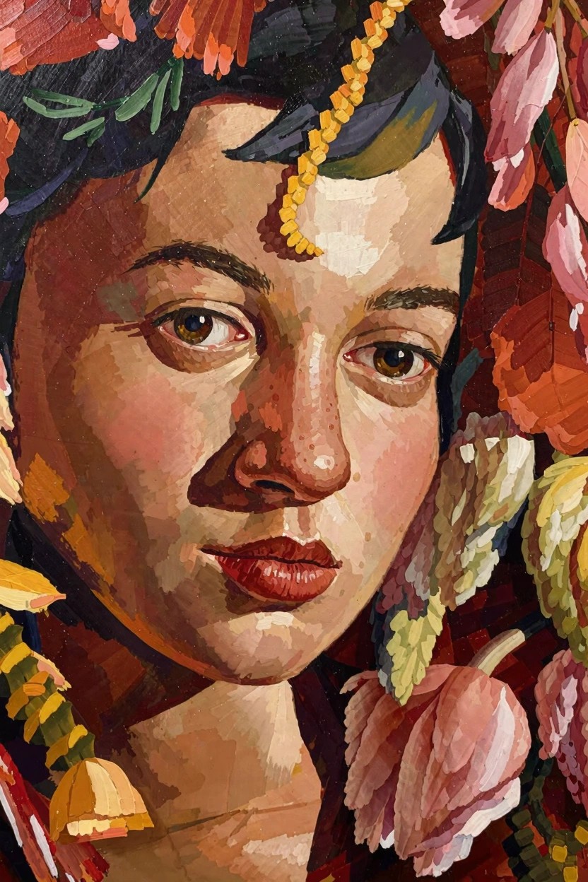 Oil painting of a young woman's face partially surrounded and blended with colorful flowers, leaves, and gold chains.