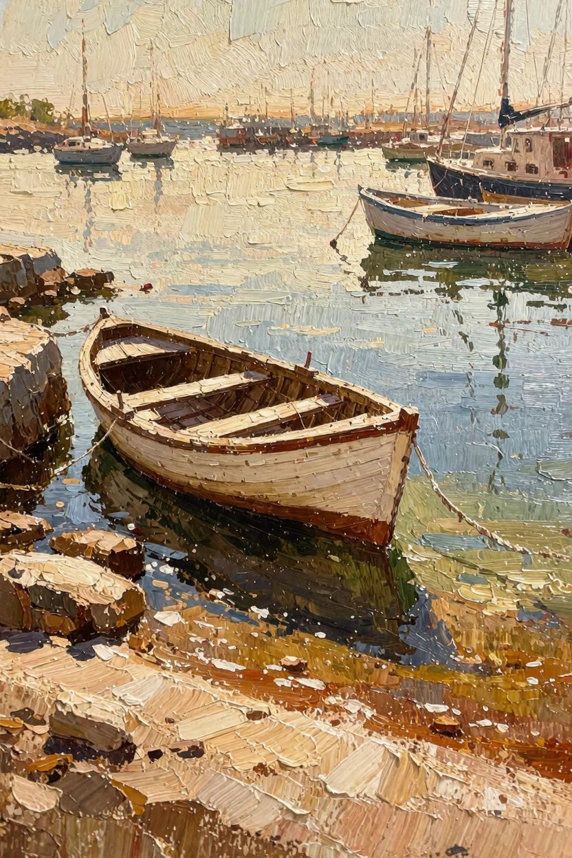 Oil painting depicts a white rowboat tied near rocks in a sunny harbor with distant moored sailboats and reflective water.