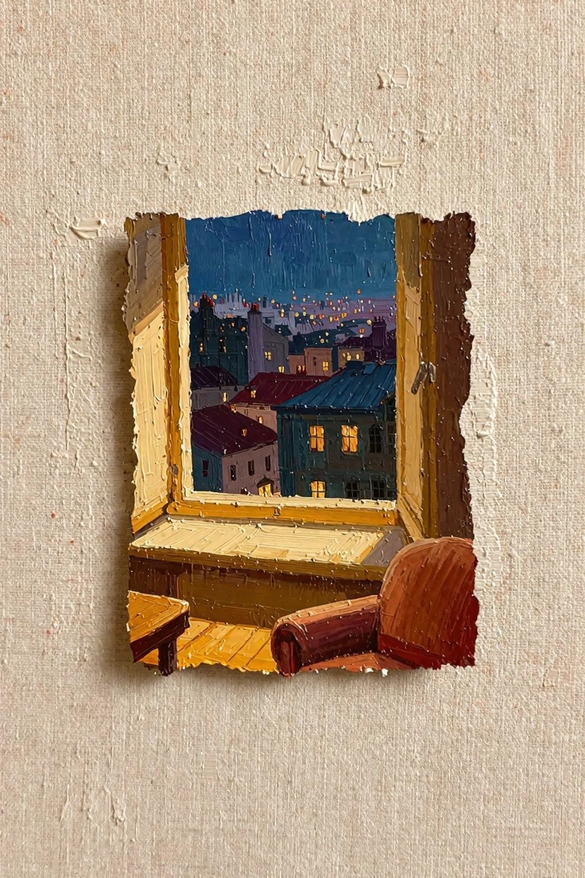 Oil painting depicting an open yellow-framed window with a sill, armchair, and view of lit nighttime city buildings on textured linen canvas.
