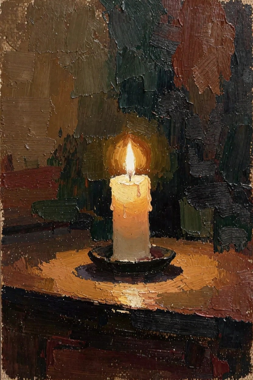 Textured oil painting of a lit candle with dripping wax in a black dish on a wooden table against a dark, shadowy background.