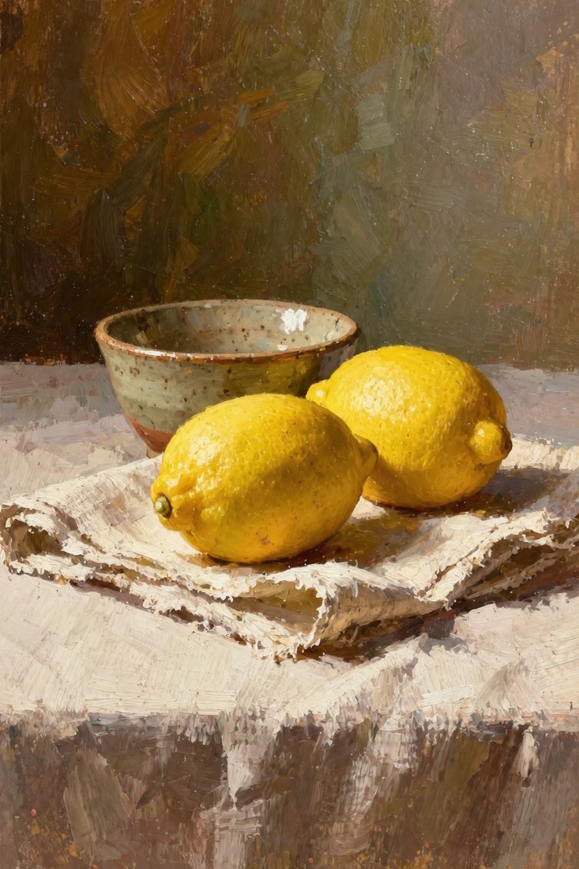 Oil painting of two yellow lemons on white cloth beside a green speckled ceramic bowl with white contents, on a table against a dark earthy background.