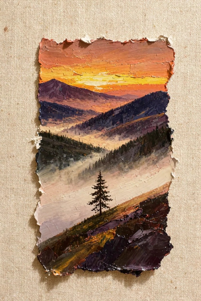 Oil painting of sunset-lit mountains over a misty valley with dark pine trees and a prominent lone pine on a slope, thick textured paint on beige background with ragged edges.