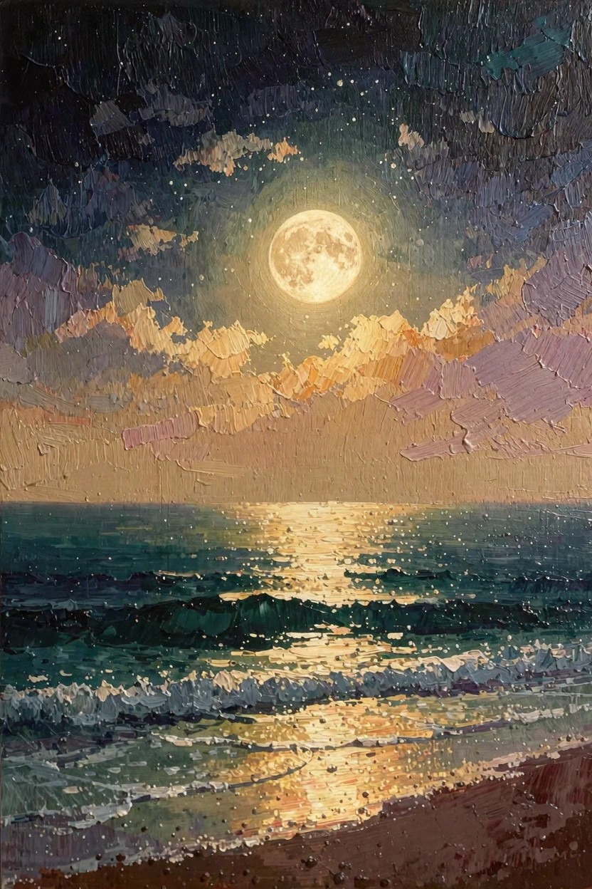 Oil painting of a large full moon over dark ocean waves at night, with its golden reflection on the water and colorful textured clouds in the sky.