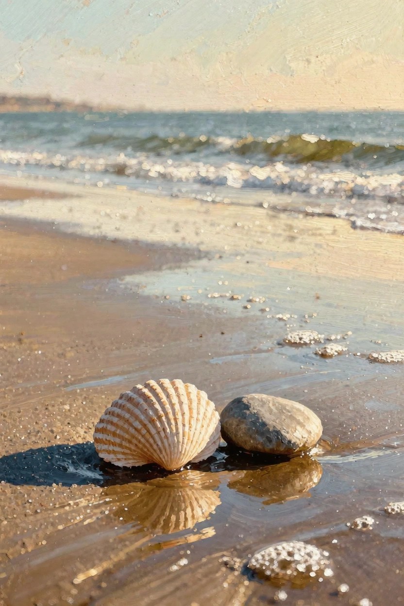 Painterly image of a scallop shell and gray stone on wet sand at the beach edge, with waves, ocean, and golden sky in the background.