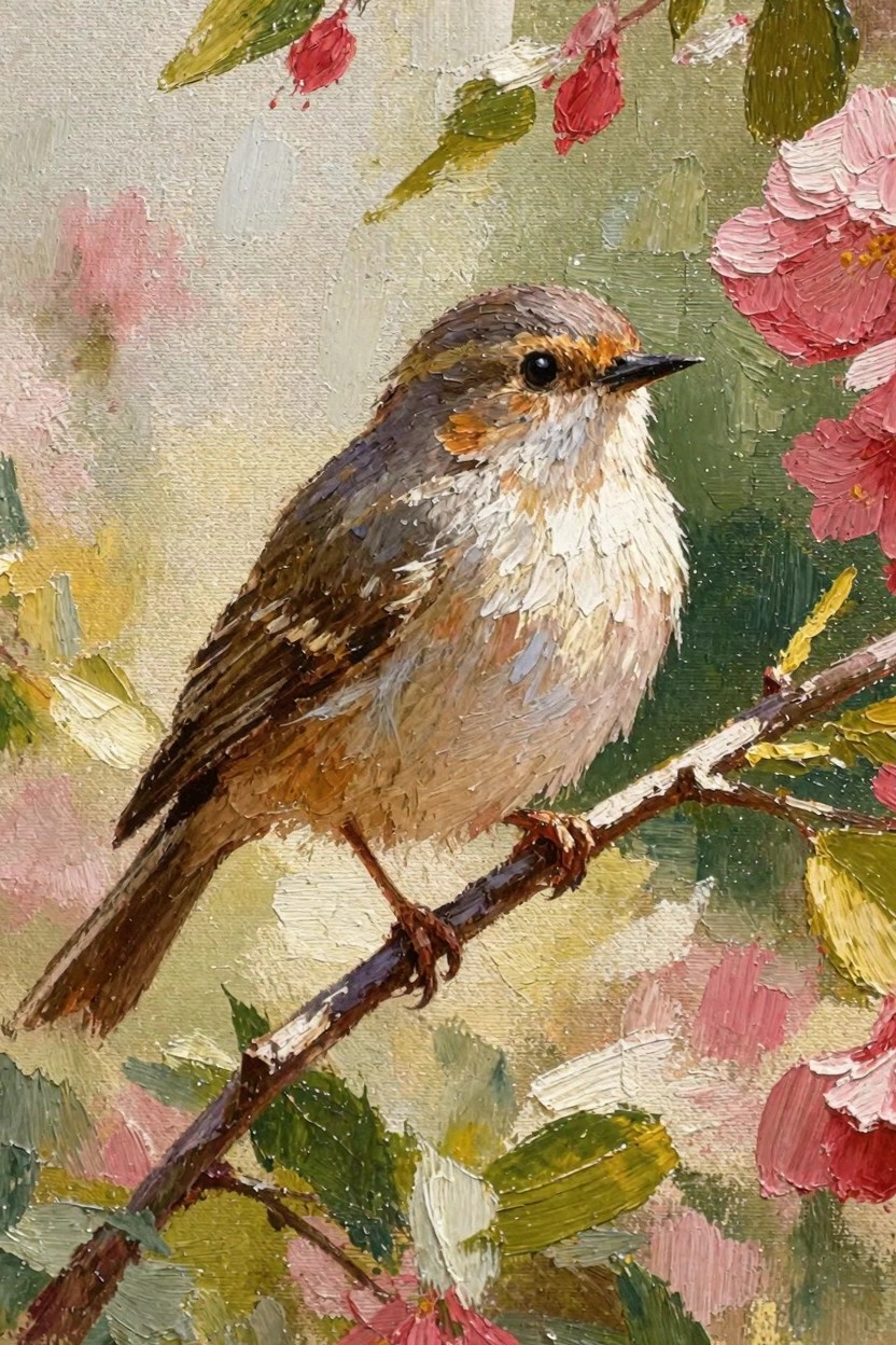 Oil painting of a small brown-streaked bird with white underbelly perched on a branch surrounded by pink flowers and green leaves.