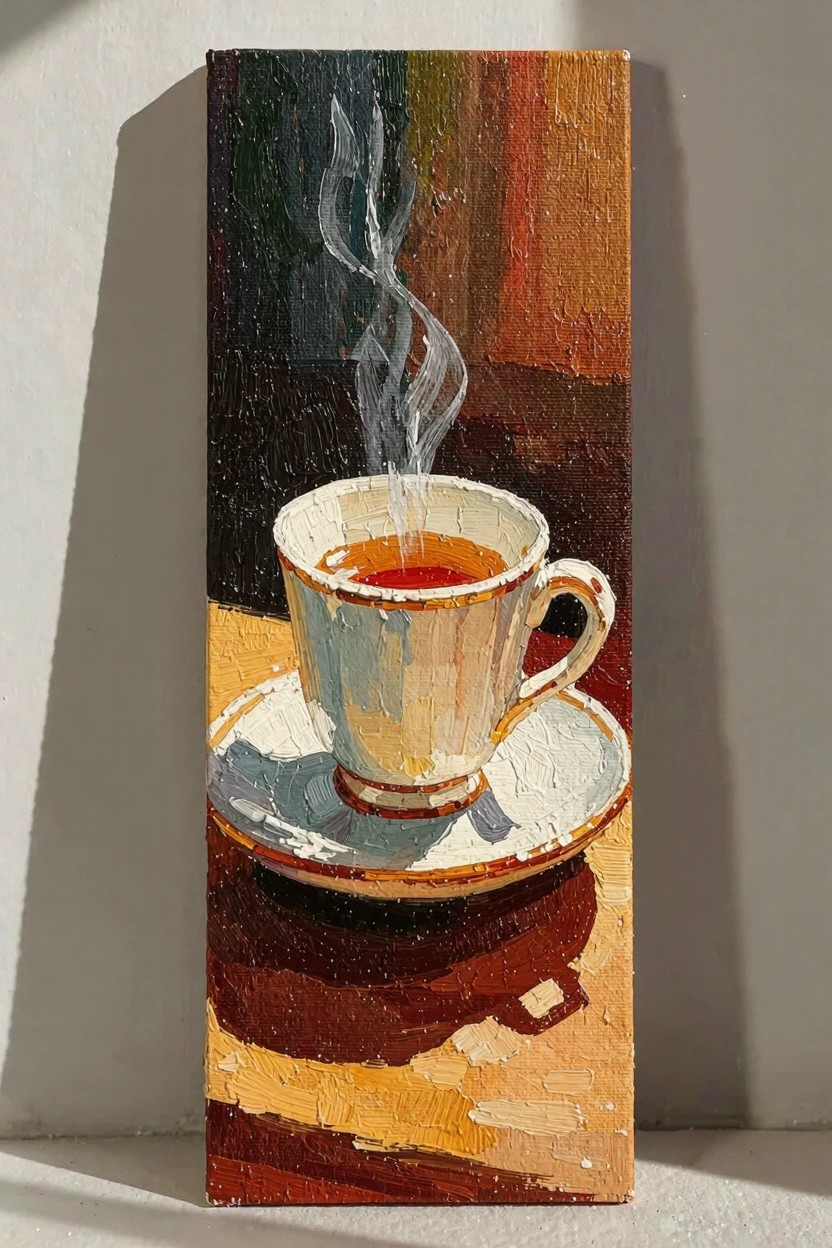 Oil painting of a white teacup with reddish tea and rising steam on a saucer, set on a sunlit wooden table against a dark background with shadows.