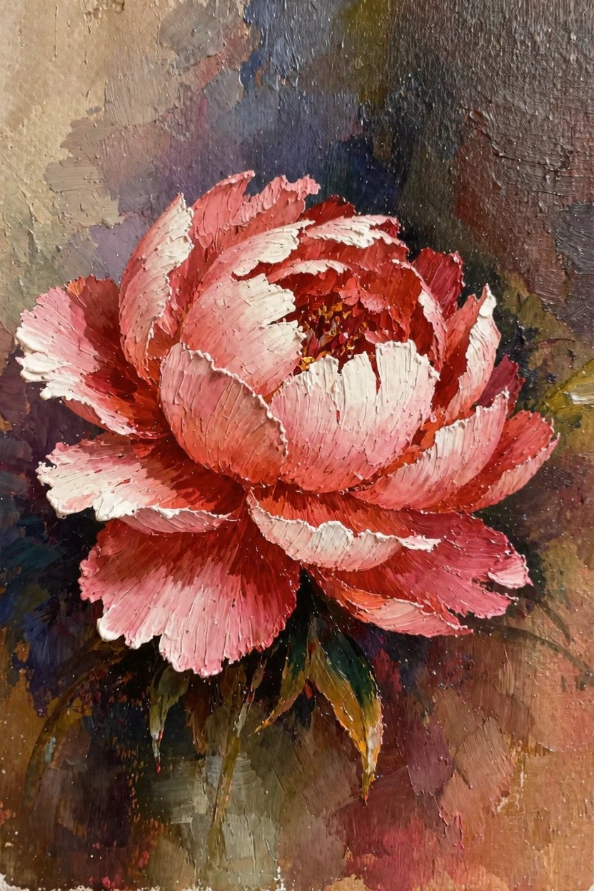 Oil painting of a large pink peony flower with thick textured petals and subtle green leaves against a dark blurred background.