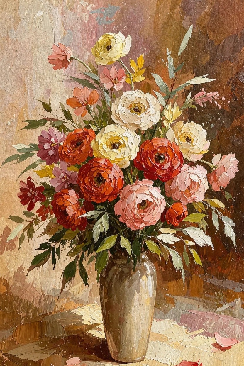 Oil painting of a bouquet of ranunculus flowers in red, pink, yellow, and white arranged in a terracotta vase on a textured warm surface with fallen petals.