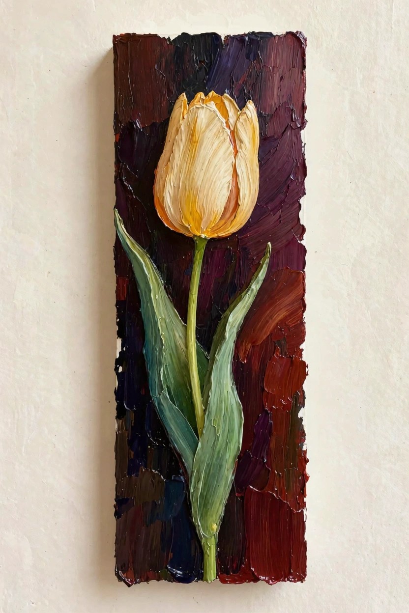 Vertical oil painting of a pale yellow tulip with green leaves rising from a textured maroon-purple-brown background on a wood panel.