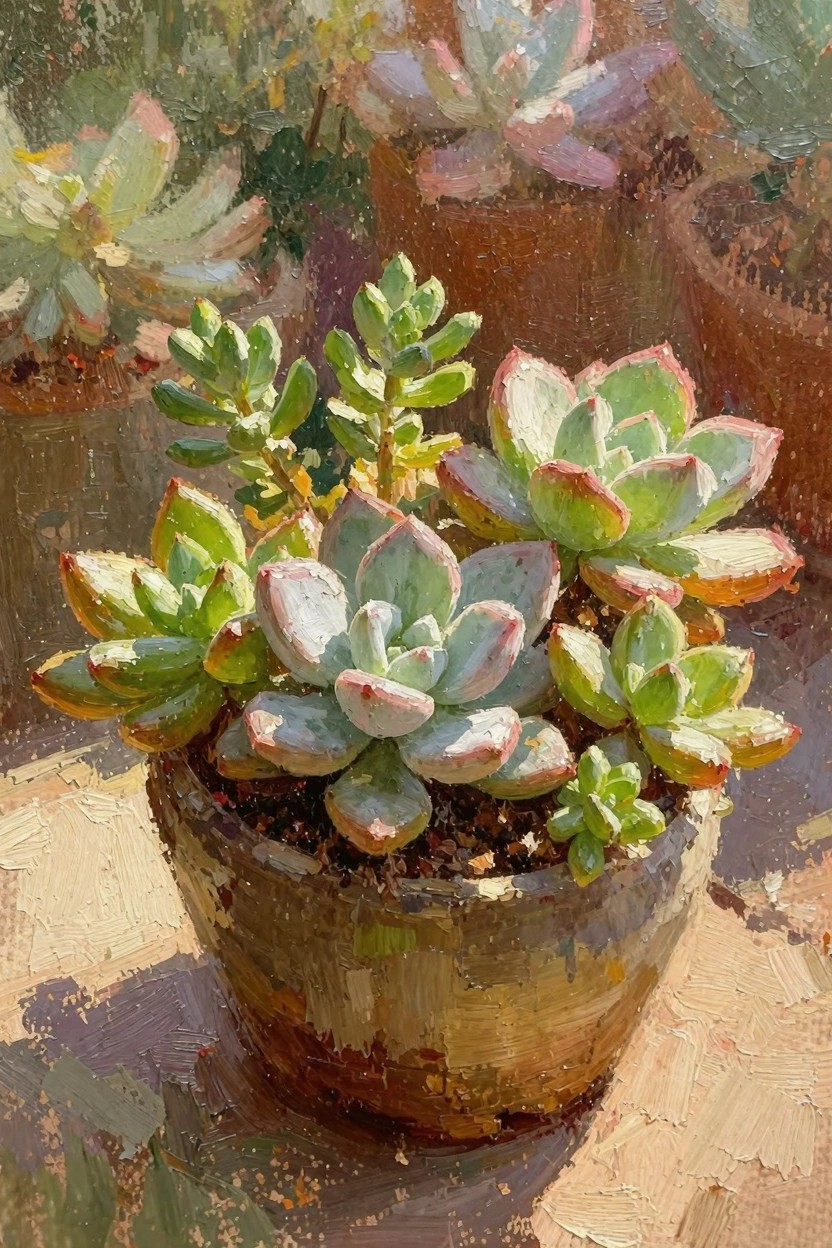 Oil painting of clustered succulents in terracotta pots bathed in warm sunlight on a textured surface.