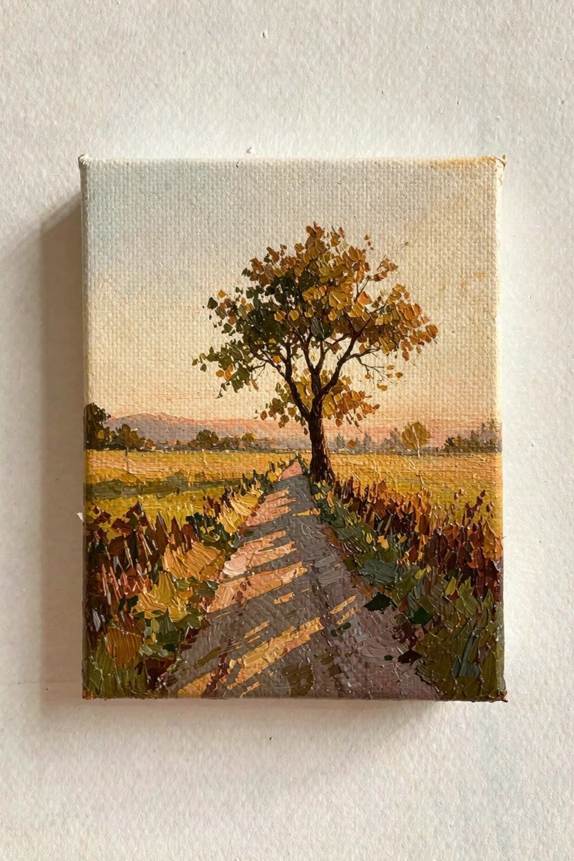 Square oil painting of a dirt path winding through golden autumn fields toward a central tree, with distant mountains at sunset.