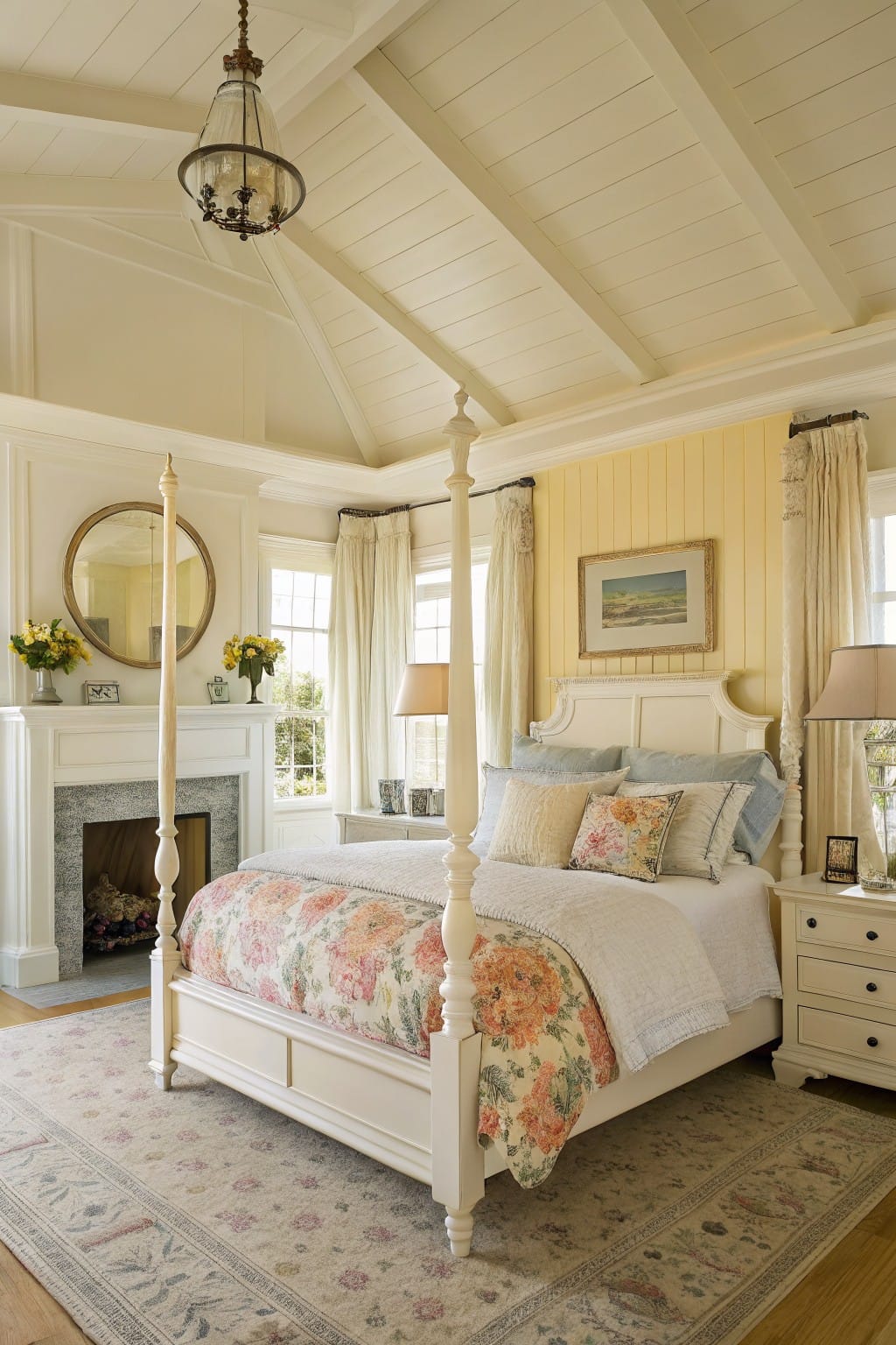 Cozy bedroom interior with creamy white walls and ceiling, pale yellow paneled accent wall, white four-poster bed with floral bedding, stone fireplace, and soft rug