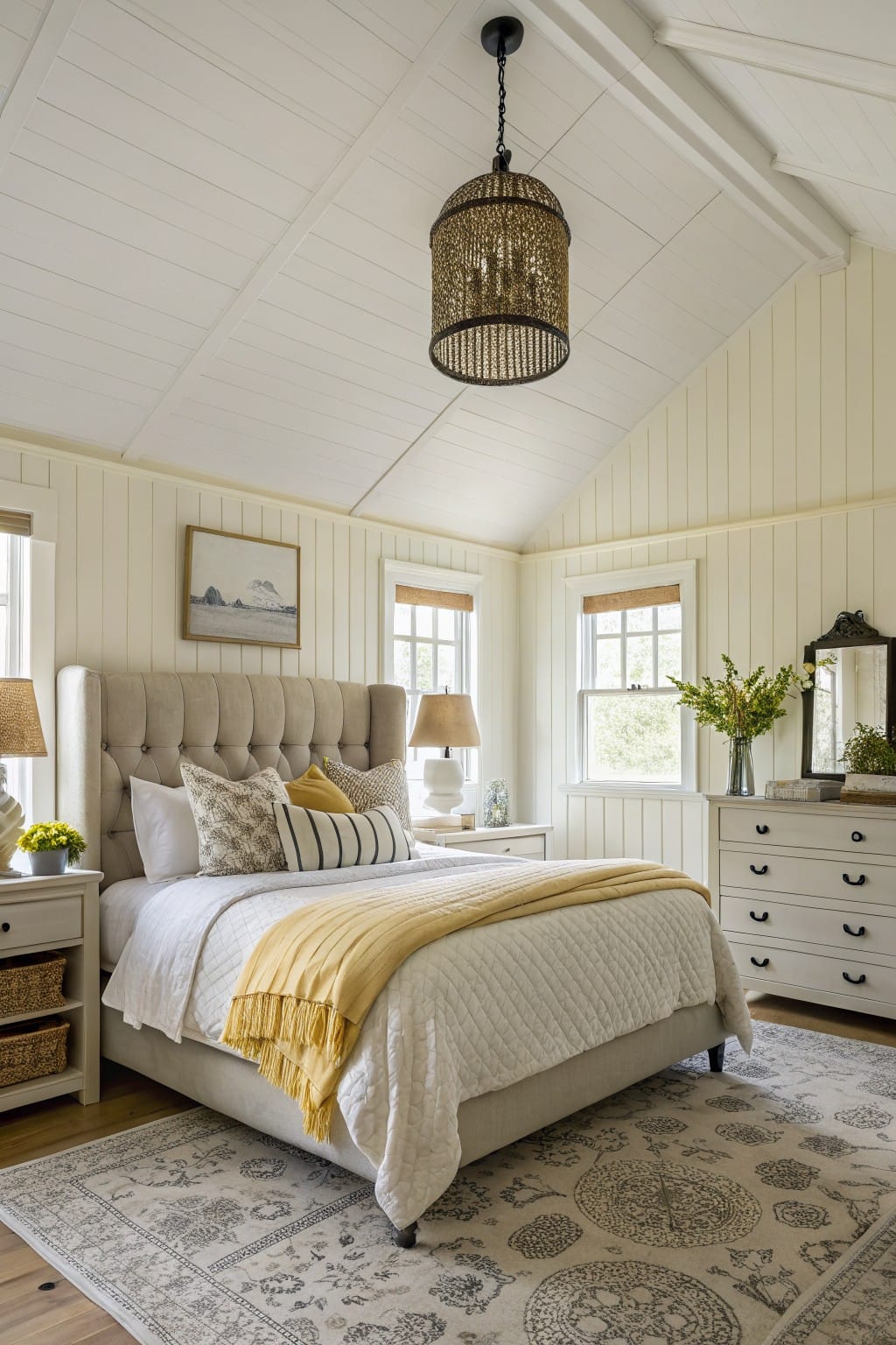 Bedroom featuring creamy white shiplap walls with warm yellow accents for a bright, airy feel