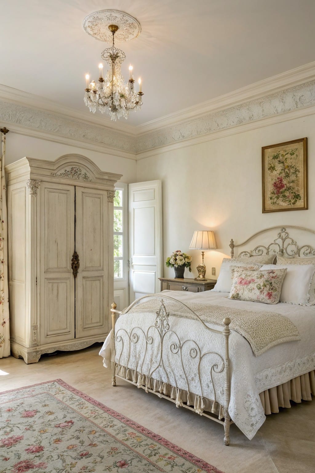 Bedroom with creamy white walls, whitewashed armoire, ornate white iron bed draped in floral bedding, crystal chandelier, and soft floral rug on tile floor