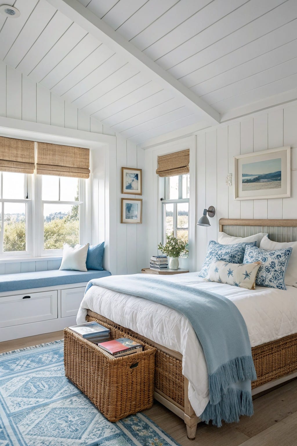 Bedroom featuring crisp white shiplap walls, a rattan bed frame with blue throw, window bench, and woven rug