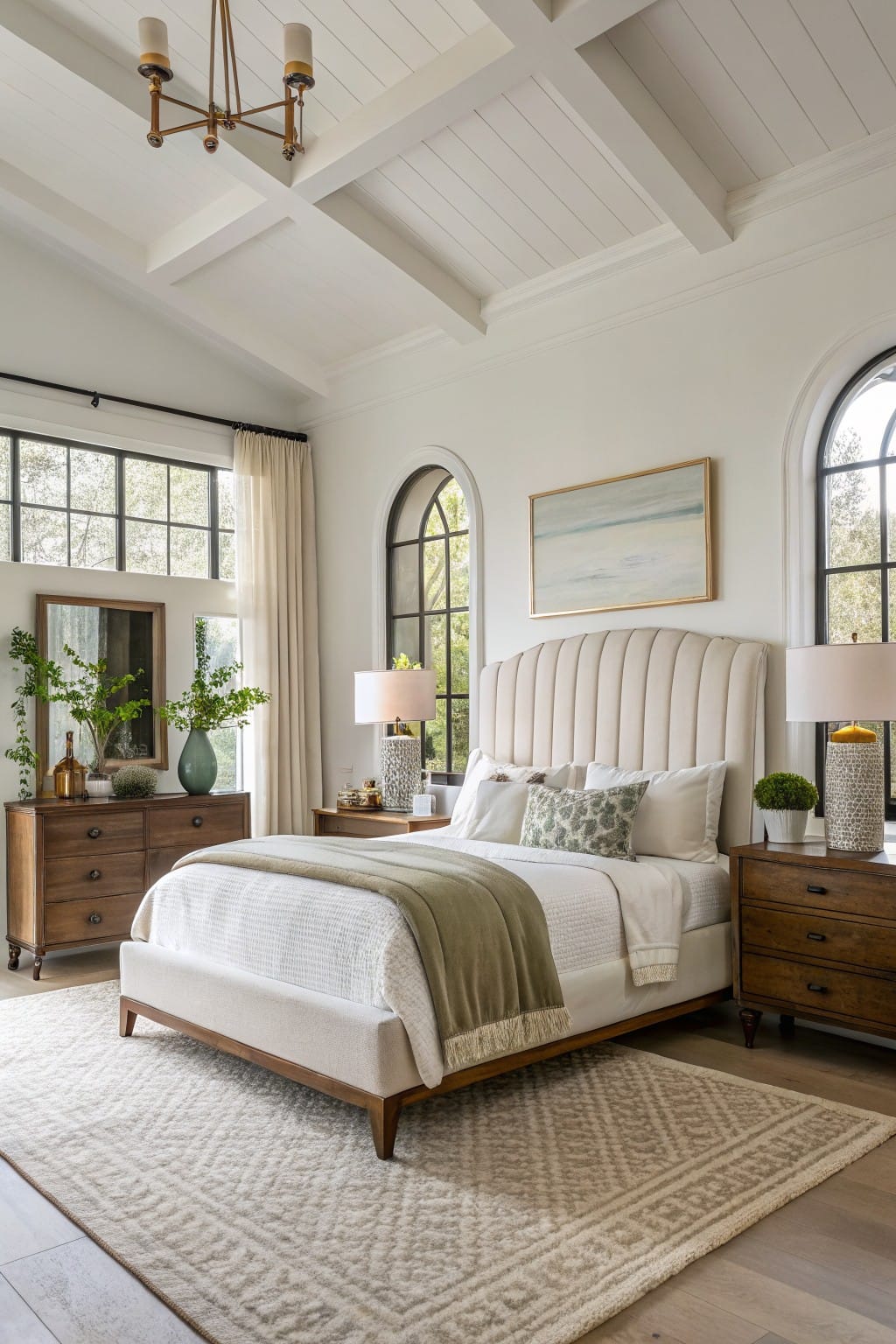 Bedroom with crisp white walls, tufted beige upholstered bed, wood furniture, potted plants, and arched windows draped in sheer curtains