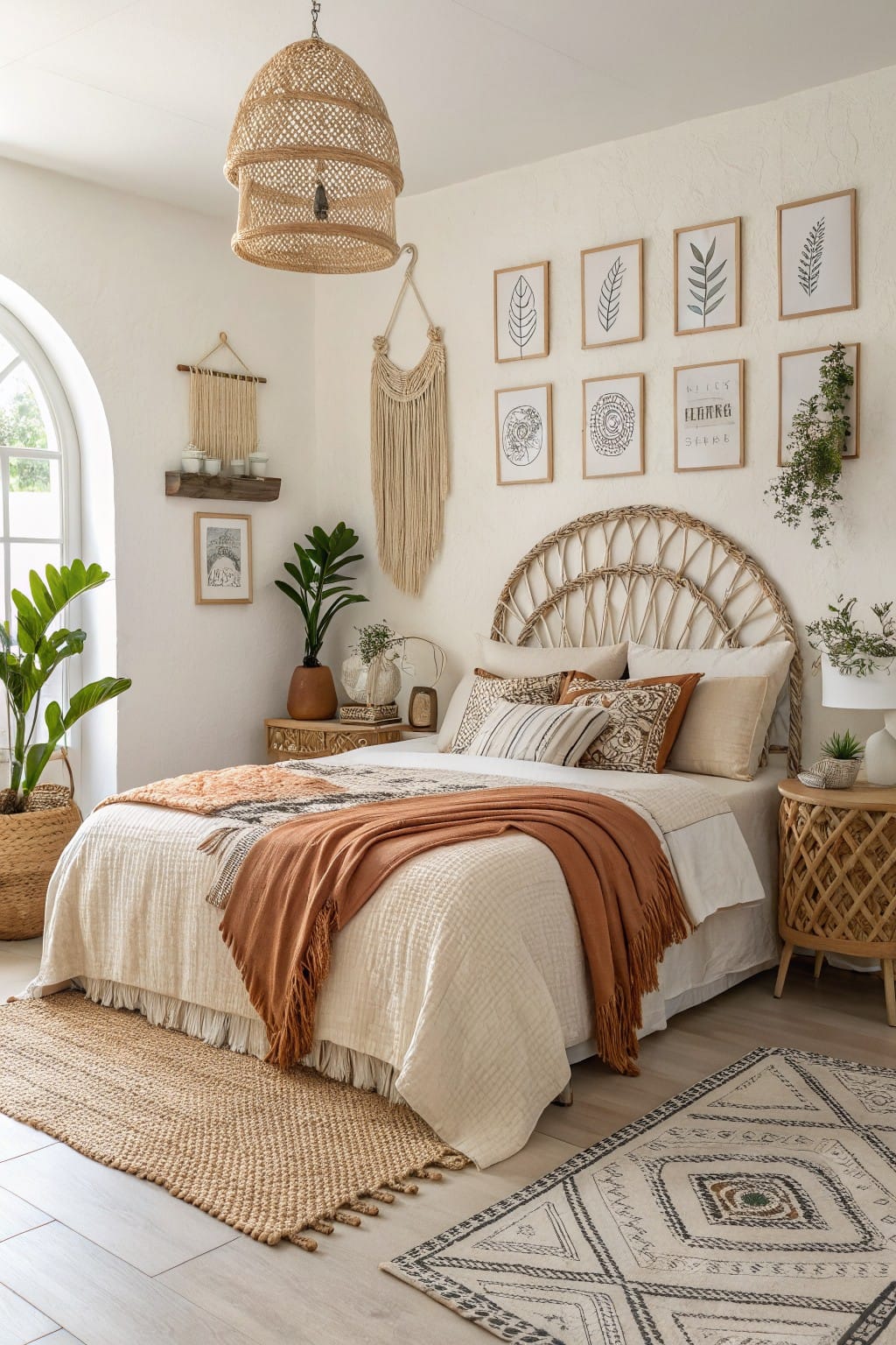Bedroom interior with crisp warm white walls, rattan headboard and side tables, layered neutral bedding, woven wall hangings, potted plants, and boho-style art frames.