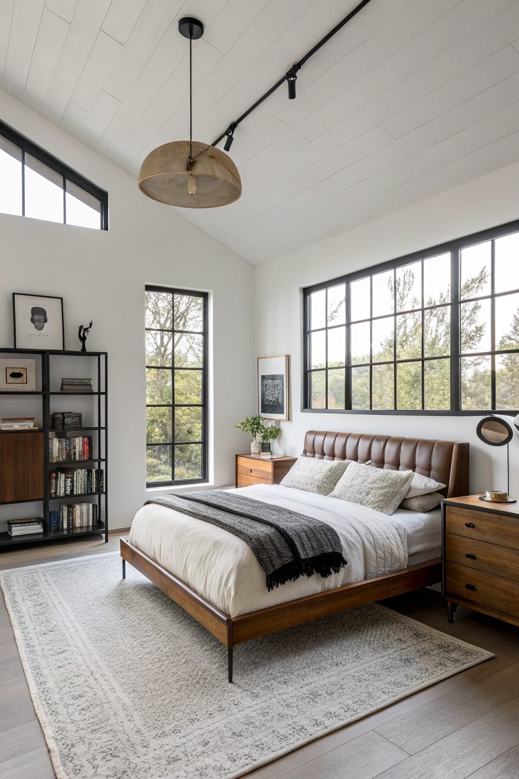 Bedroom with crisp white walls, wooden platform bed, leather headboard, black metal windows, and natural wood accents