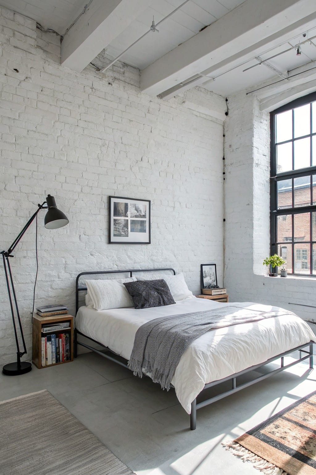 Cozy bedroom featuring crisp white brick walls, black metal bed frame with white bedding and gray throw, wood side table, arc lamp, and large industrial windows letting in natural light