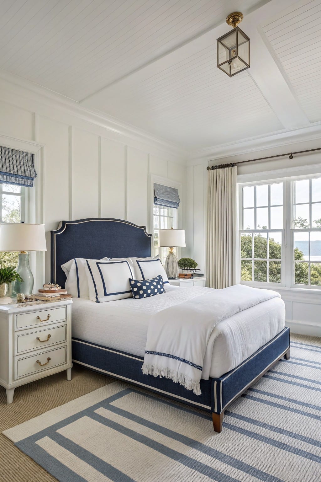 Bright bedroom with crisp white paneled walls, navy upholstered bed, white bedding with blue accents, and large windows showing trees and water view