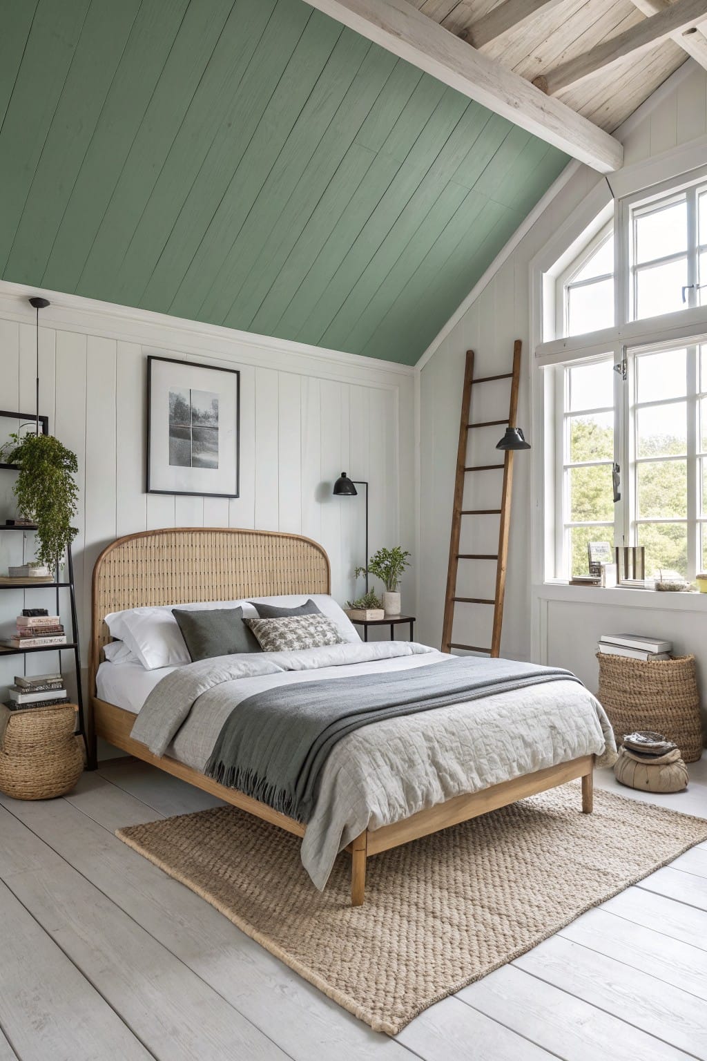 Bedroom featuring crisp white paneled walls under a pale green plank ceiling, with a rattan headboard bed, wood ladder, plants, and seagrass rug on light wood floors