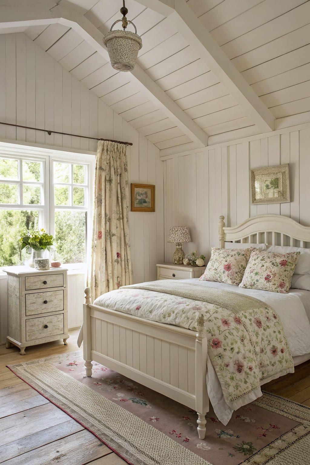 Cozy attic bedroom with white shiplap walls and ceiling, floral bedding on a white wood bed frame, large window with cream curtains overlooking green trees, wood floors and rug