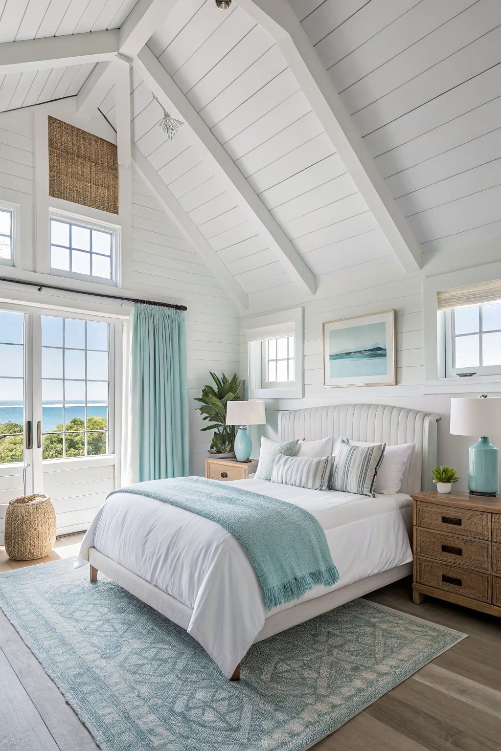 Crisp white shiplap walls in a bright bedroom with wood bed, blue rug, and ocean view through large windows