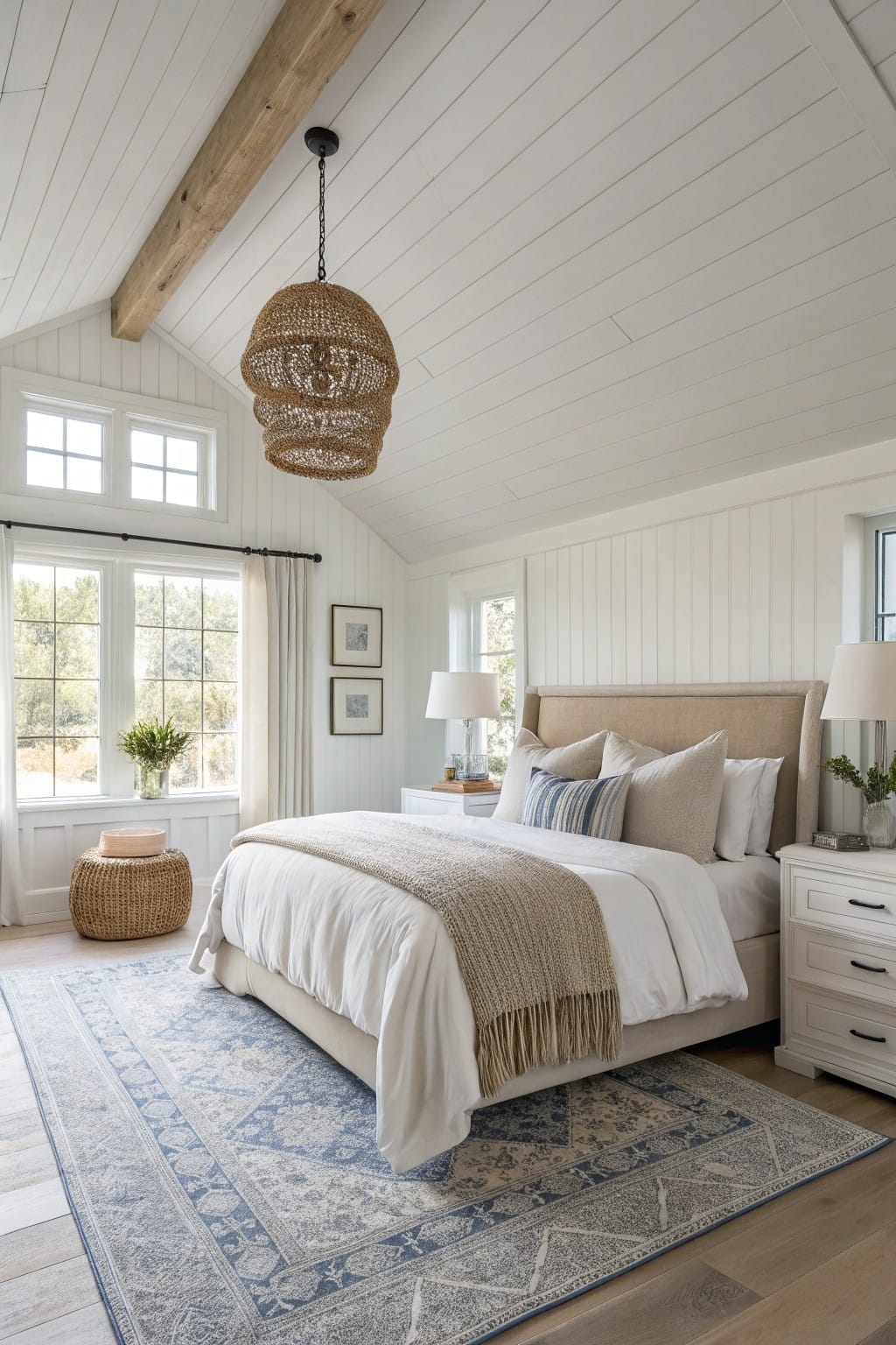 Bedroom with crisp white shiplap walls, vaulted ceiling and wood beams, large windows overlooking trees, beige bed with white linens and blue rug on light wood floors