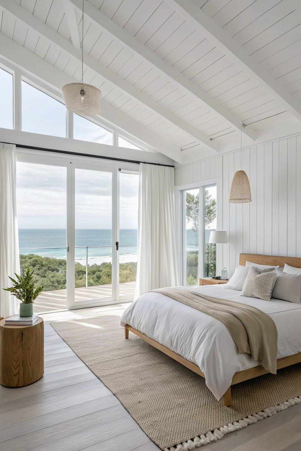 Bright bedroom with white shiplap walls and ceiling, wooden bed draped in white linens, large sliding doors to ocean-view deck, rattan lights overhead