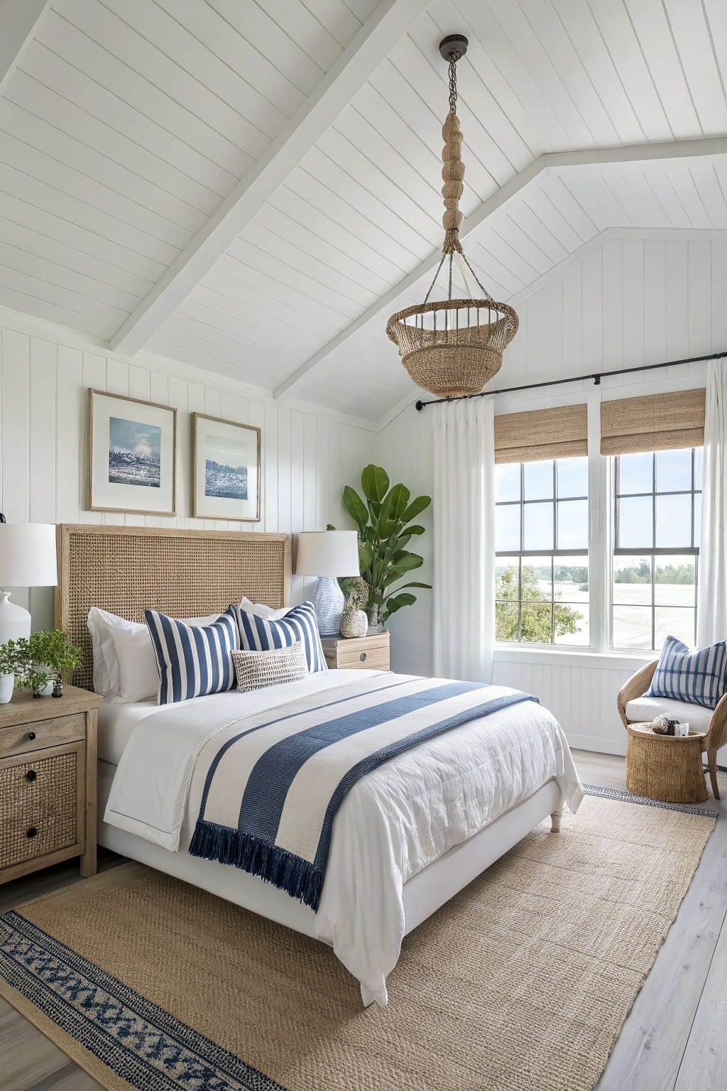 Crisp white shiplap walls in a bright bedroom with rattan headboard, navy striped bedding, woven pendant light, and large windows with a water view