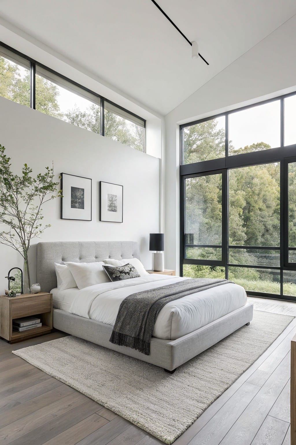 Modern bedroom featuring crisp white walls, gray upholstered bed, and large windows with wooded view