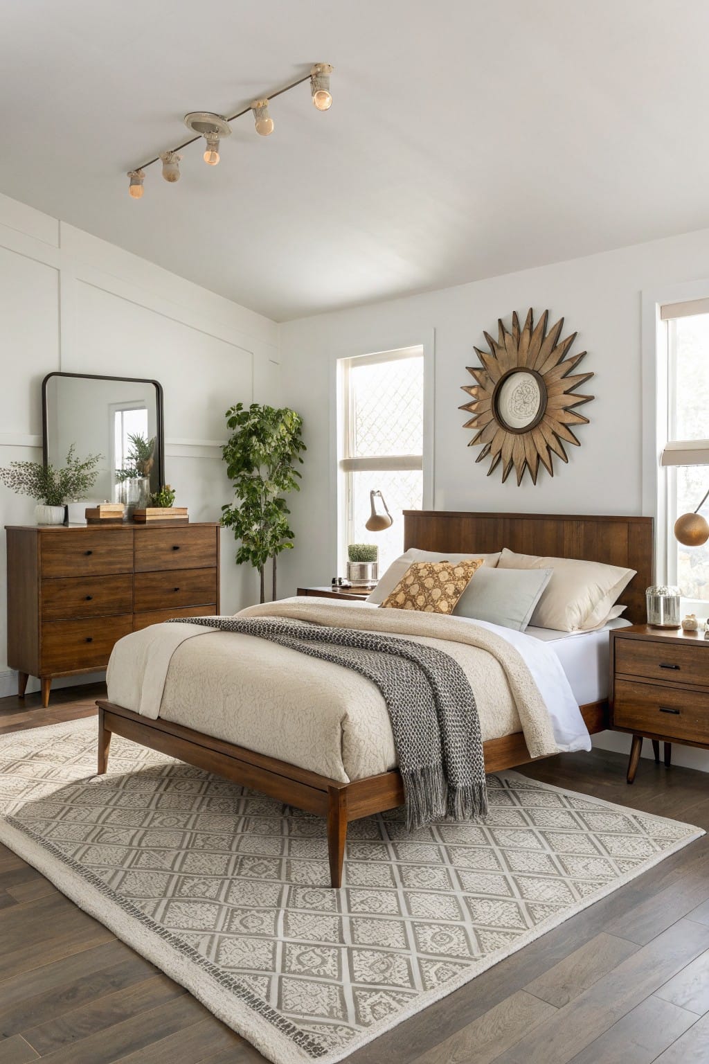 Bedroom with crisp white walls, warm wood mid-century furniture, neutral textured bedding, and soft natural light