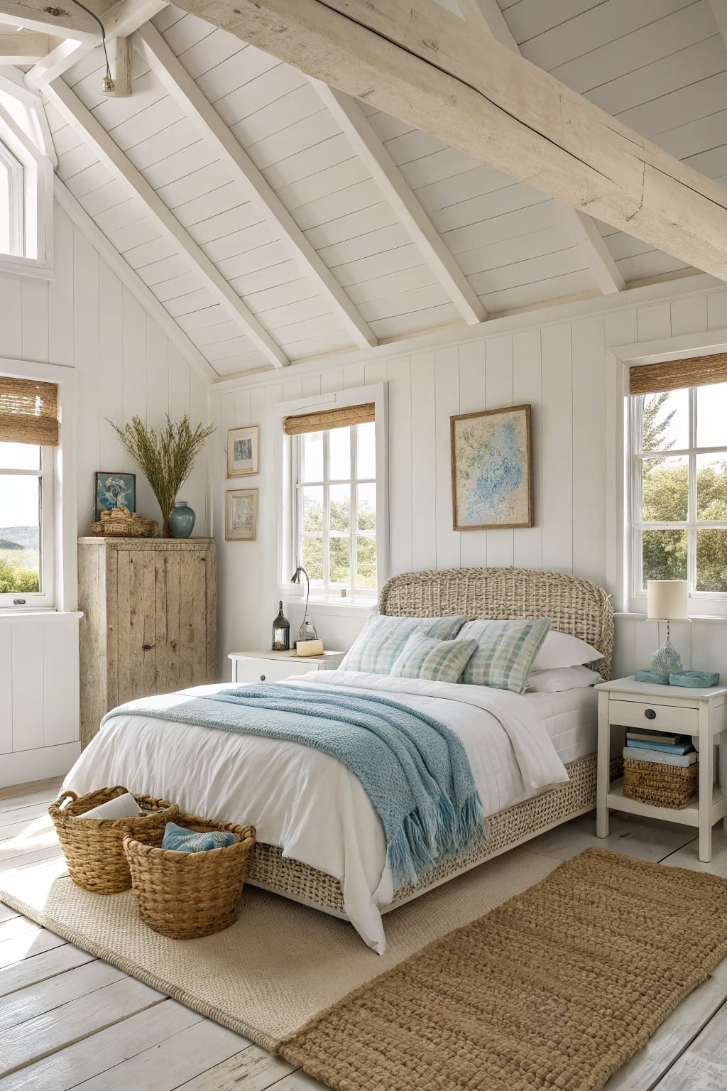 Bright white shiplap-walled bedroom with rattan bed, blue throw blanket, woven baskets, wood beams, and seagrass rug
