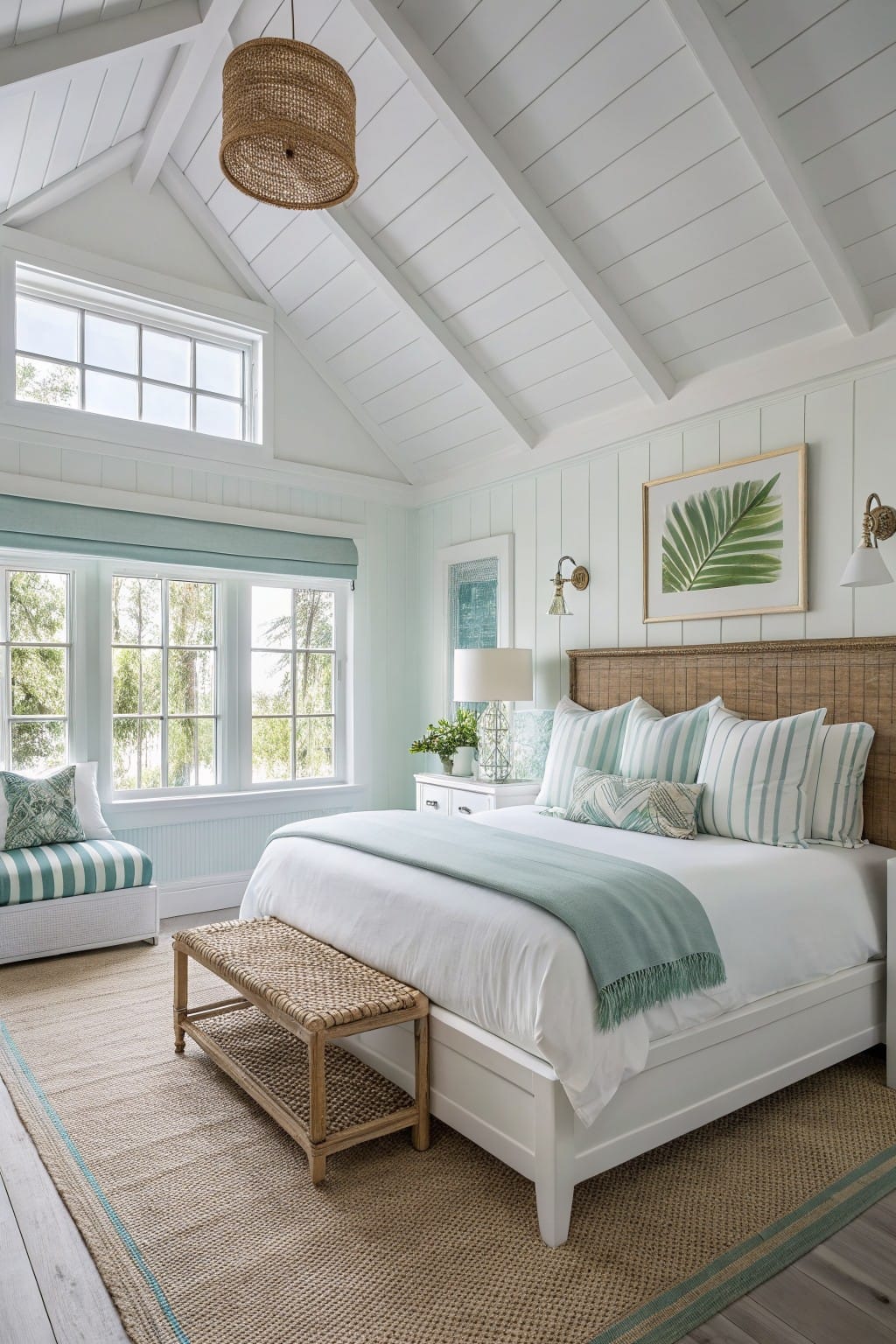 Bedroom with pale mint white paneled walls, white king bed dressed in striped pillows and teal throw, rattan headboard and bench, large windows showing trees