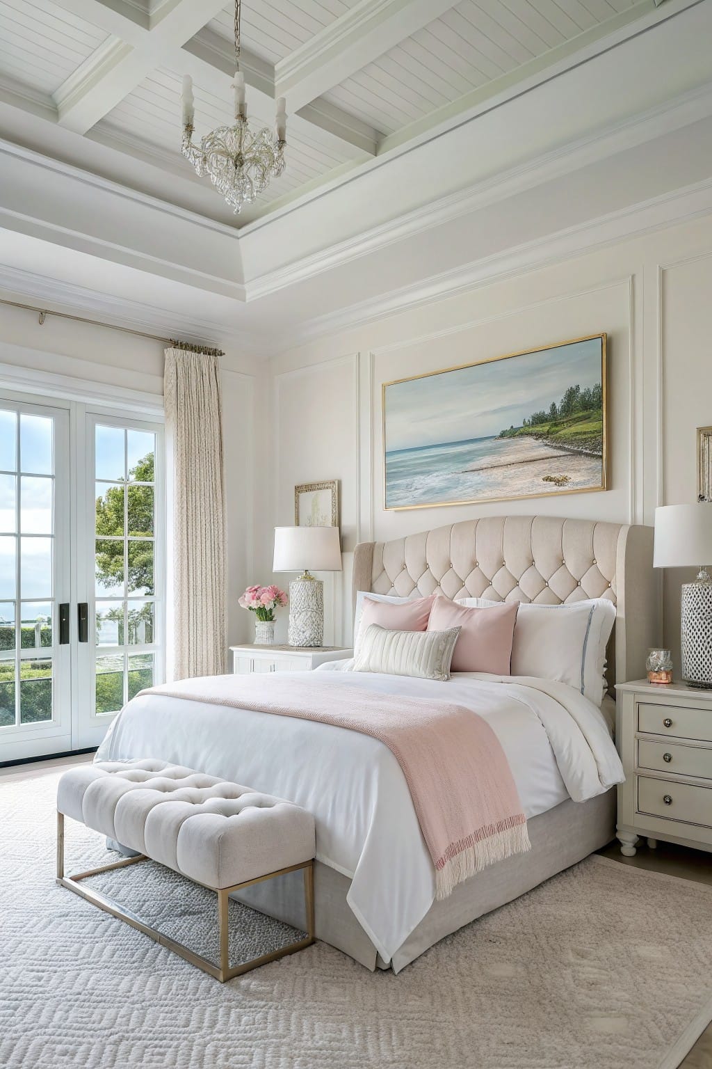 Bedroom with soft creamy white walls, tufted beige headboard, pink pillows and throw, French doors to outdoor view, chandelier overhead