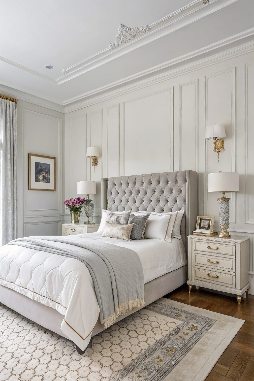 Elegant bedroom featuring a tufted gray bed, white bedding, and soft furnishings.