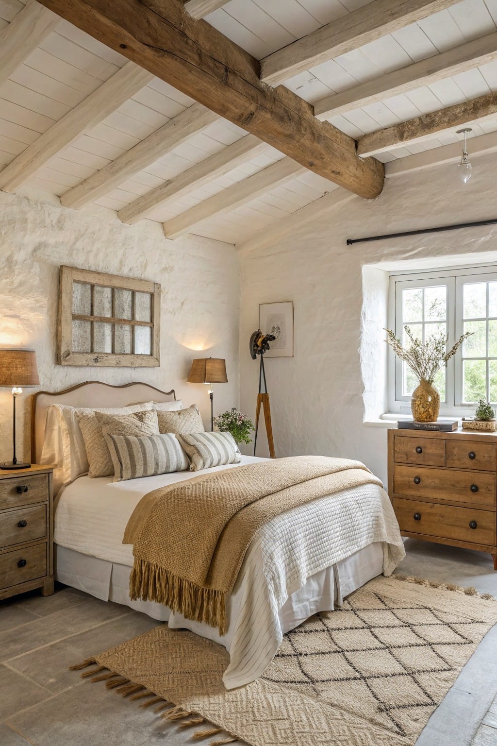 Cozy bedroom with rustic decor, light-colored bedding, wooden furniture, and natural light.