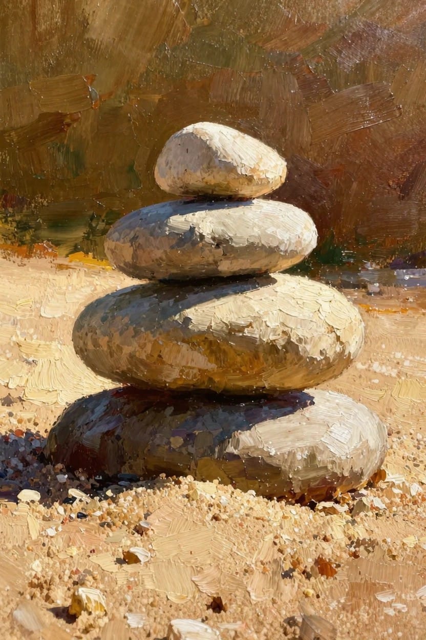 Oil painting of four gray stones balanced in a stack on yellow sand with warm sunlight shadows and blurred background.