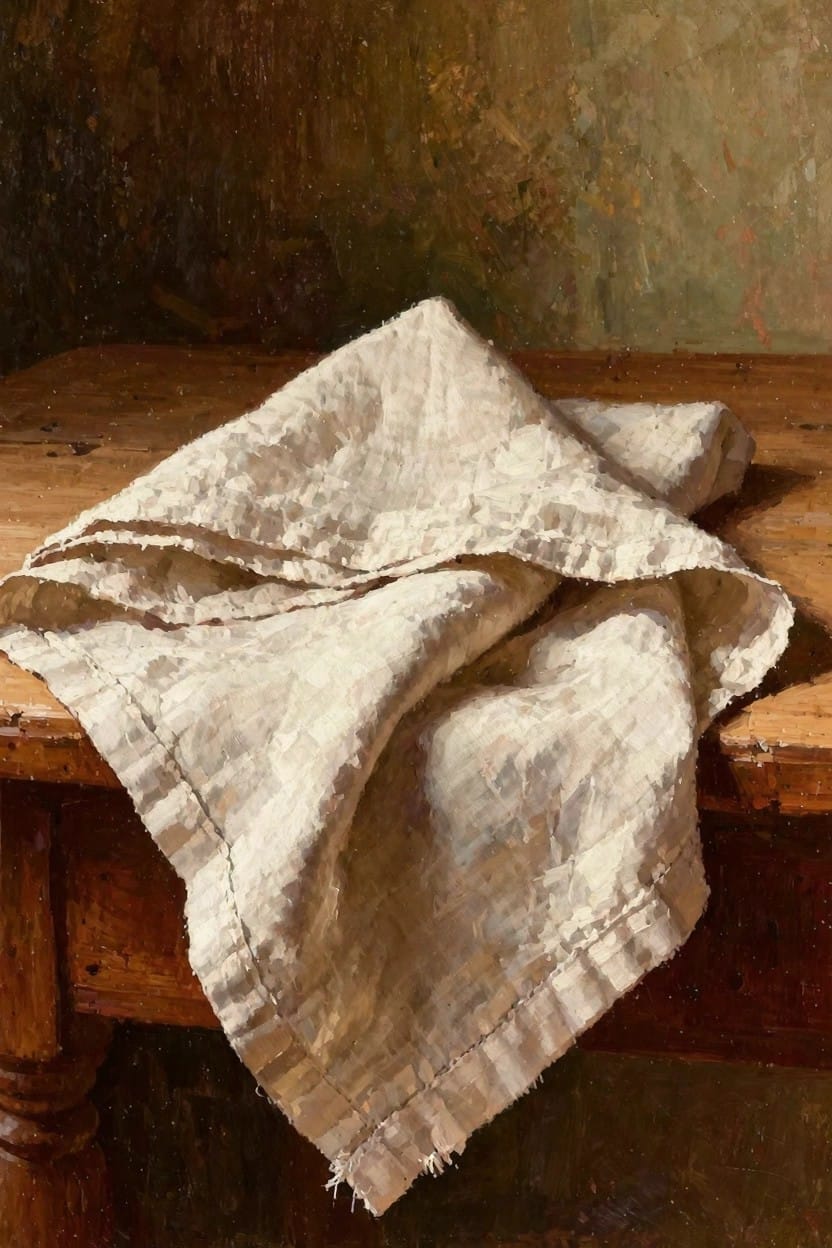 Oil painting of a white textured linen cloth draped over the edge of a wooden table against a greenish-brown wall.