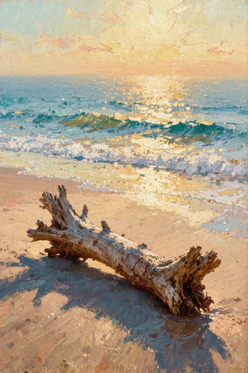 Oil painting of a driftwood log on a beach with waves, ocean, and sunset sky.