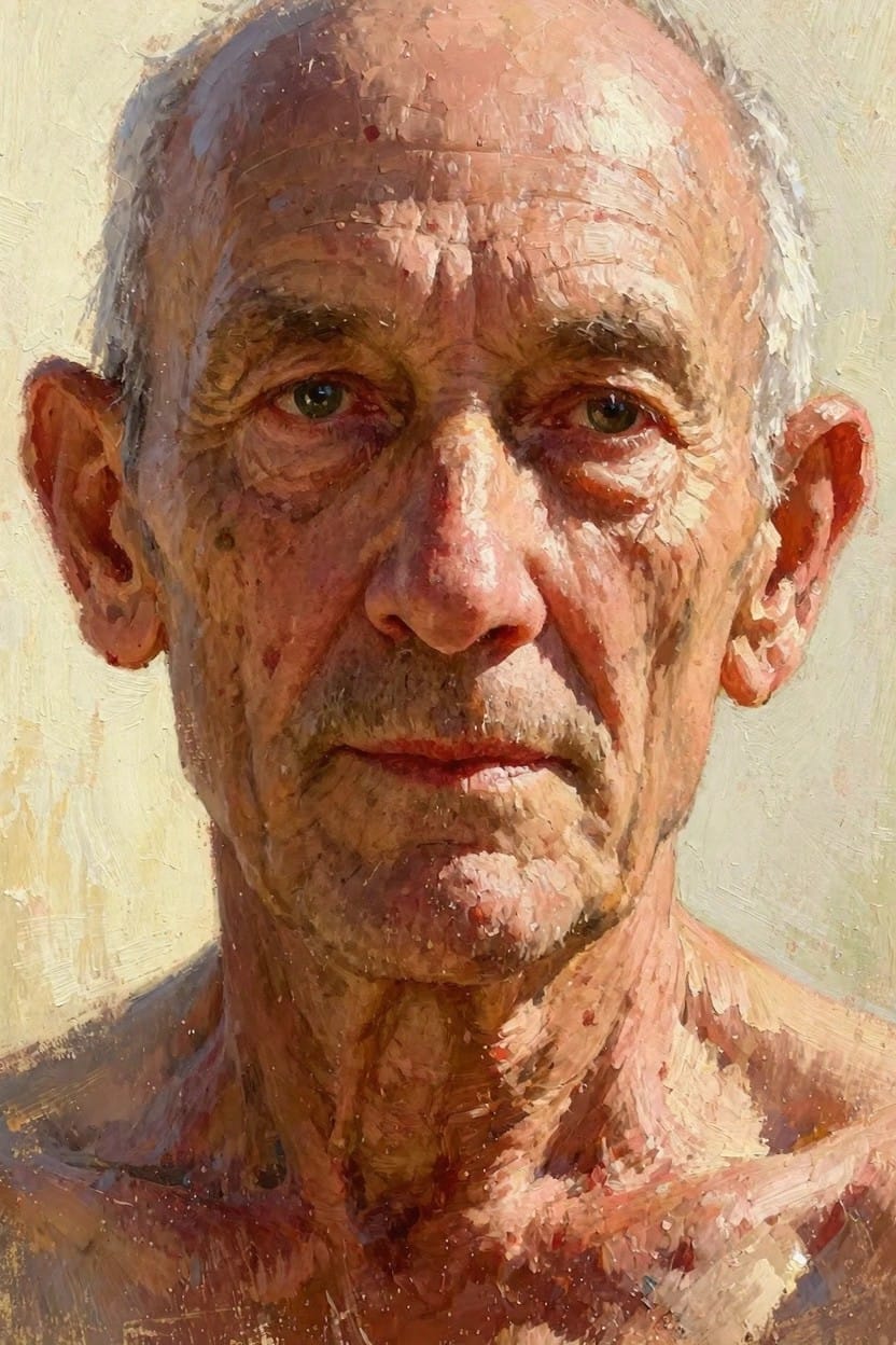 Realistic oil painting of a bald elderly man with wrinkled skin, green eyes, and bare shoulders against a pale background.