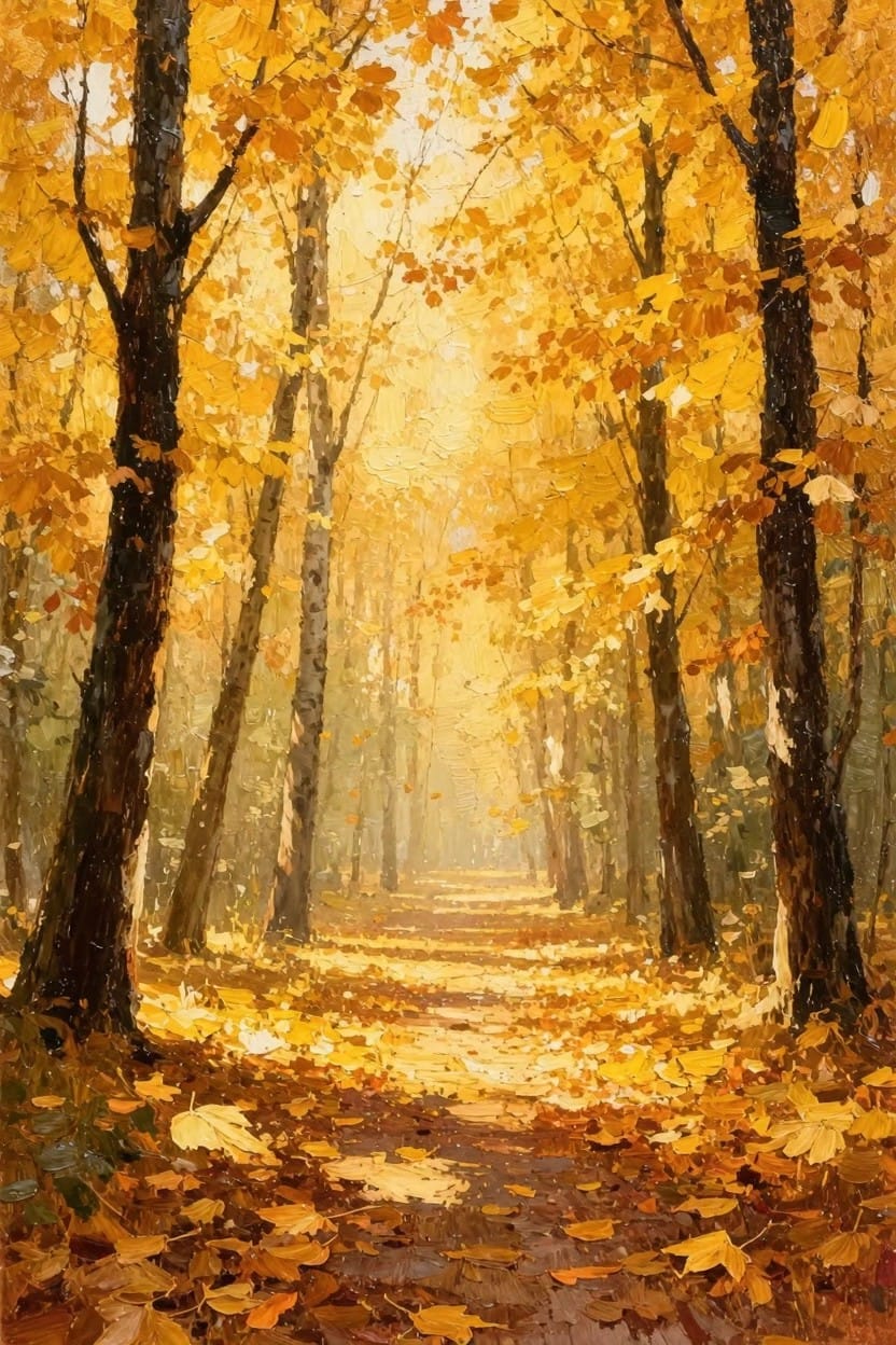 Oil painting of a sunlit path winding through tall birch trees with golden autumn leaves and scattered foliage on the ground.