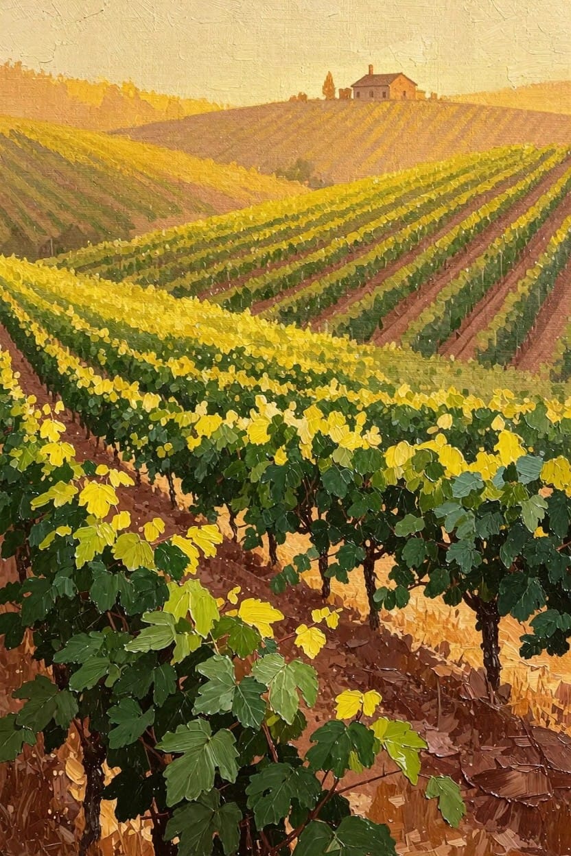Oil painting of terraced vineyard hills with yellow grapes, green leaves, and a small distant house under warm sunset skies.