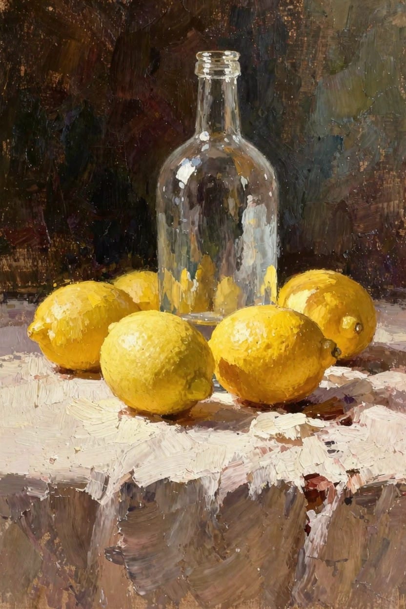 Oil painting of six yellow lemons arranged in a circle around a tall clear glass bottle on a textured light surface with a dark background.