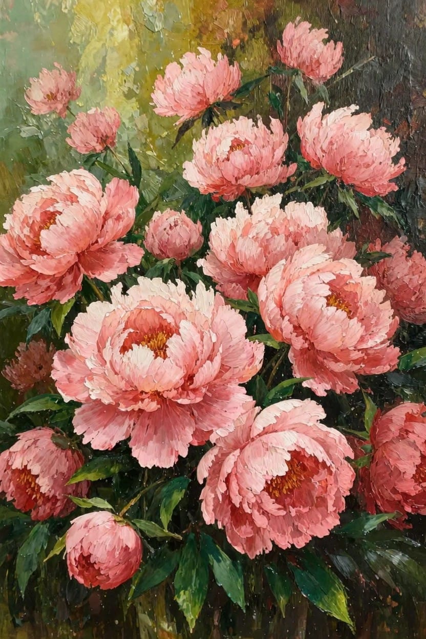 Oil painting of numerous pink peonies clustered together with green leaves on a dark blurred background.