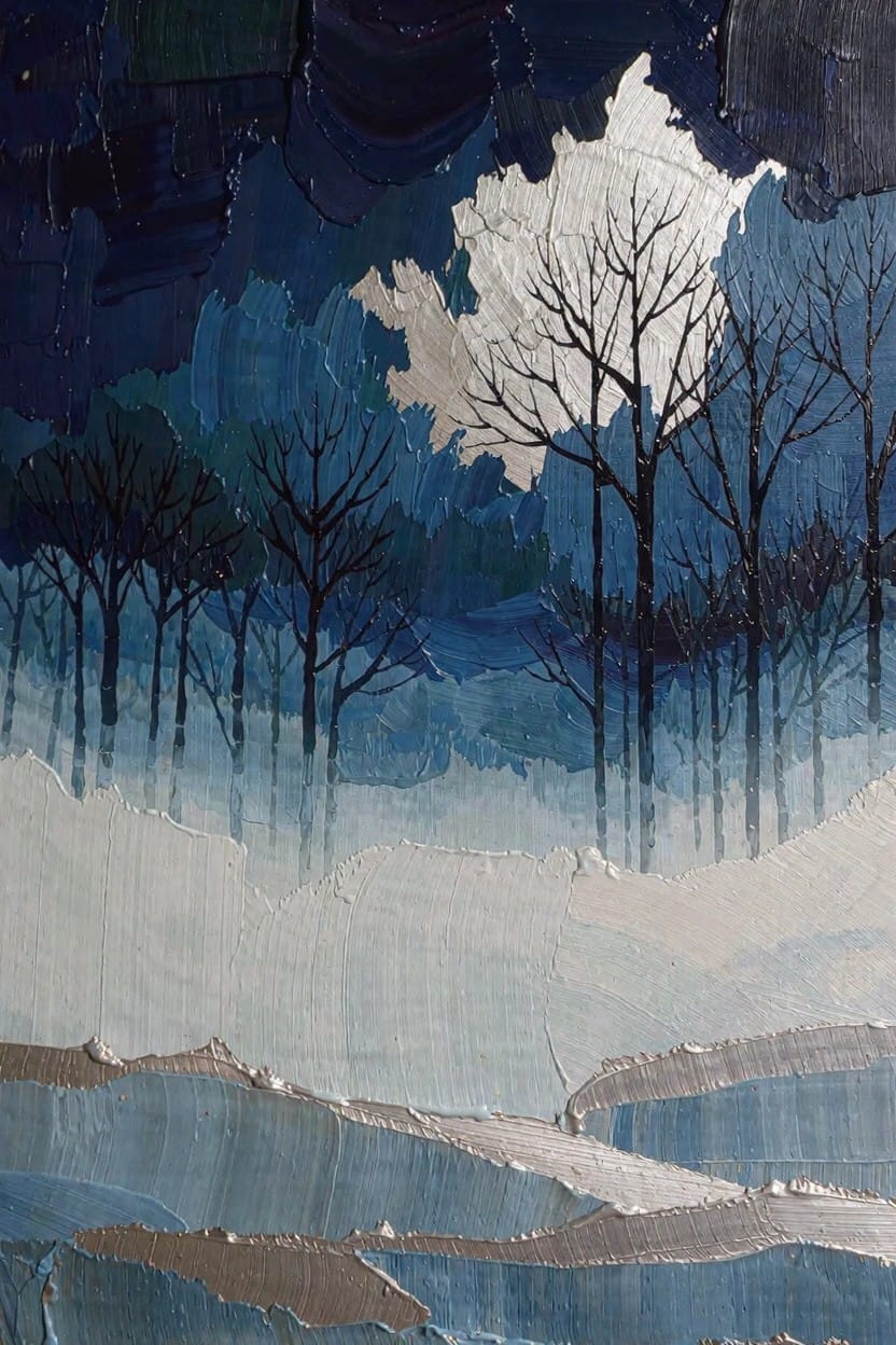 Oil painting of silhouetted dark trees and a white tree against blue twilight with misty layers and textured white snowy foreground.