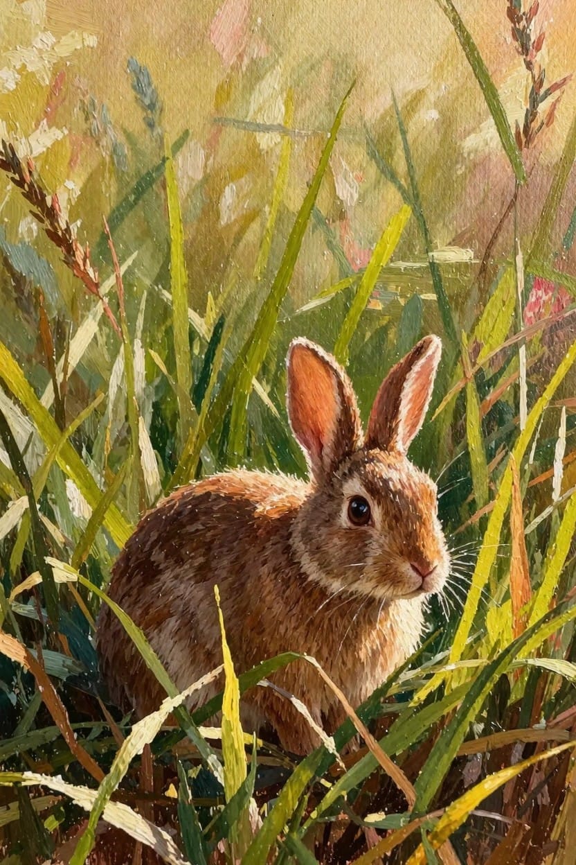 Oil painting of a fluffy brown baby rabbit with pink ears peeking from tall green and yellow grasses in warm sunlight.