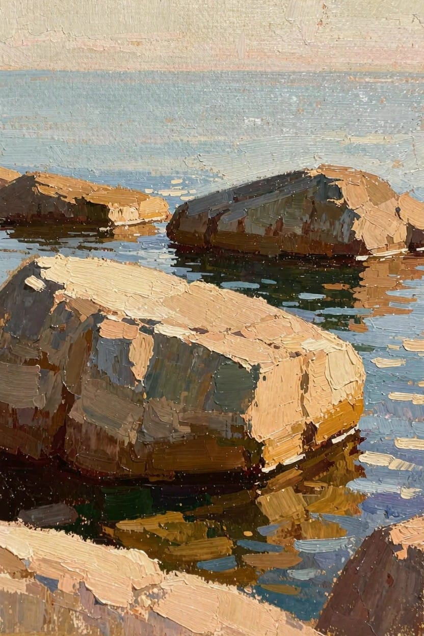 Oil painting of textured orange-brown rocks in calm blue water with reflections and a distant sea horizon under a pale sky.